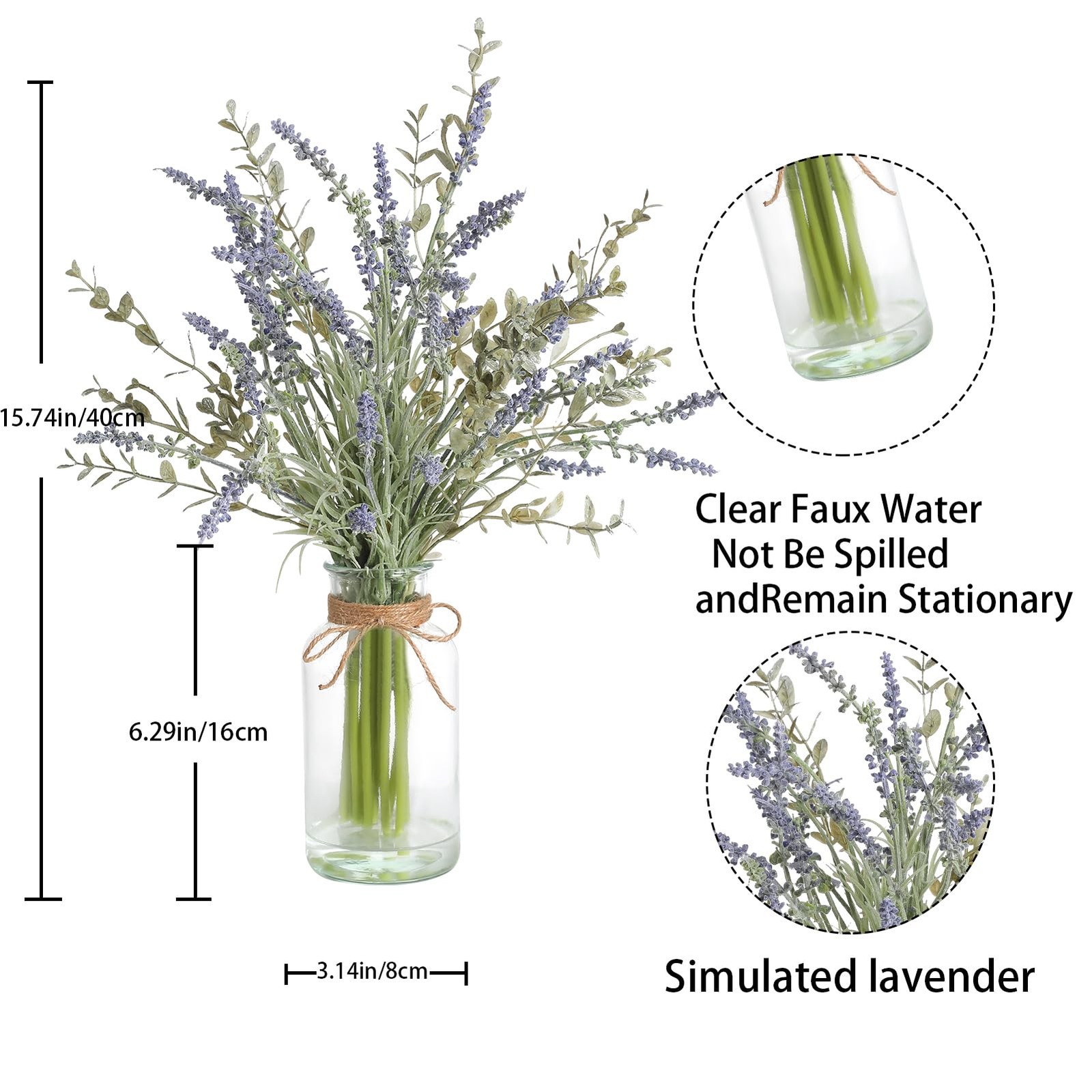 Artificial Lavender Stems in Glass Vase with Faux Water,15″ Artificial Plants…