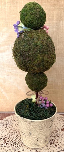 VINTAGE TIN POT TRIPLE MOSS-BALL TOPIARY TREE COTTAGECORE SHABBY CHIC DECOR