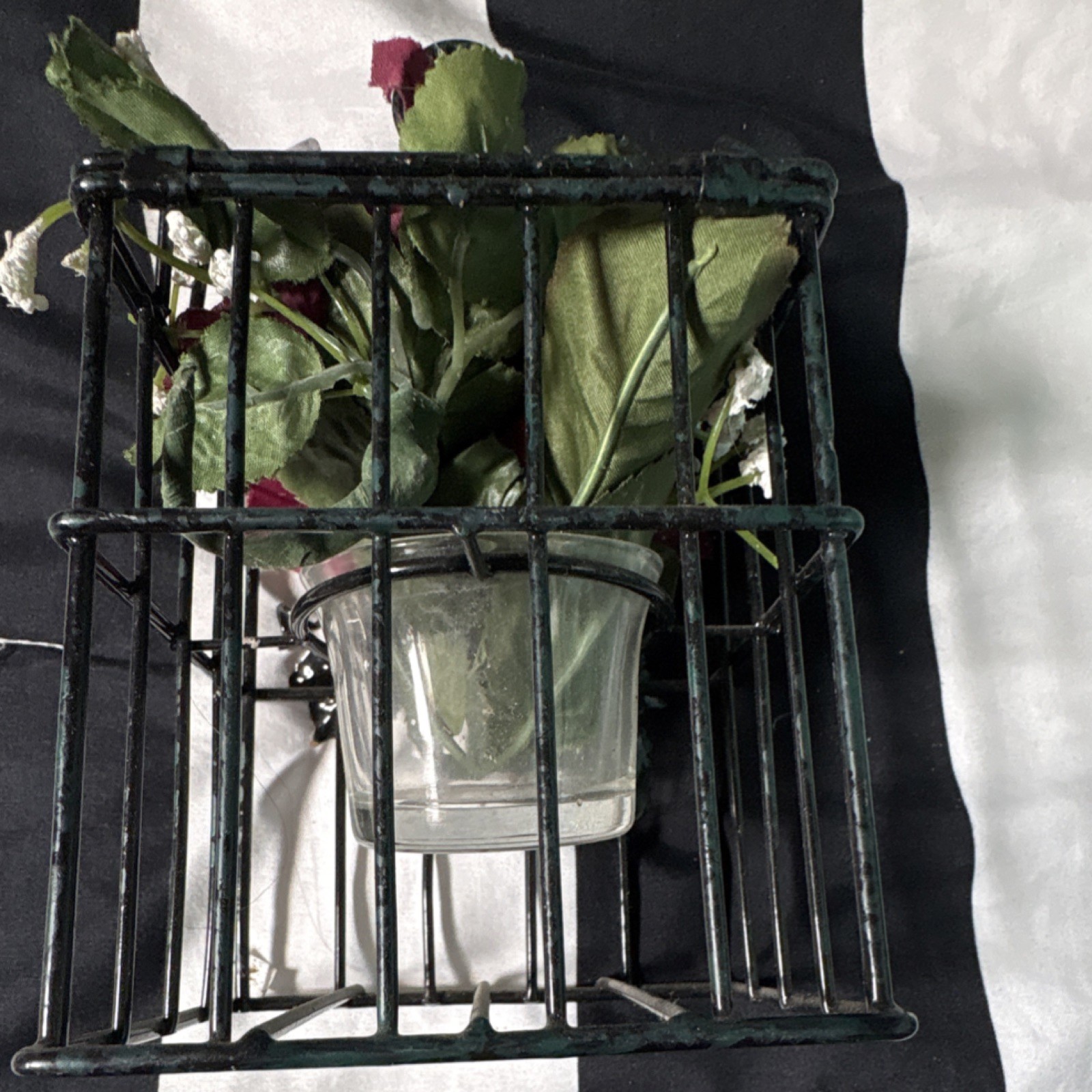 Artificial Rose Arrangement Metal Basket 6×6 Inch Burgundy Green Black Decor