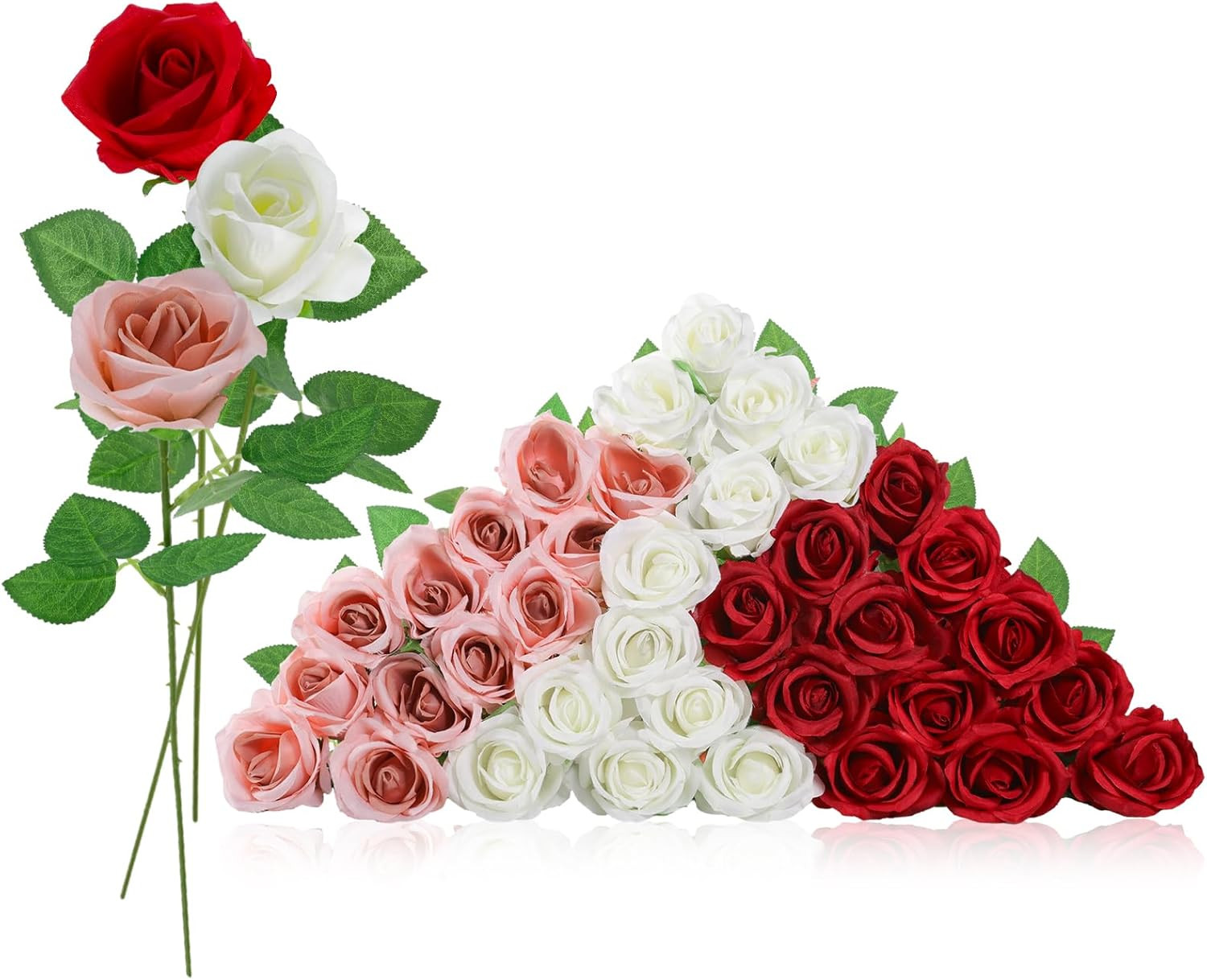 36 Pcs Red White Pink Artificial Roses with Long Stems, Fake Silk Rose Artificia