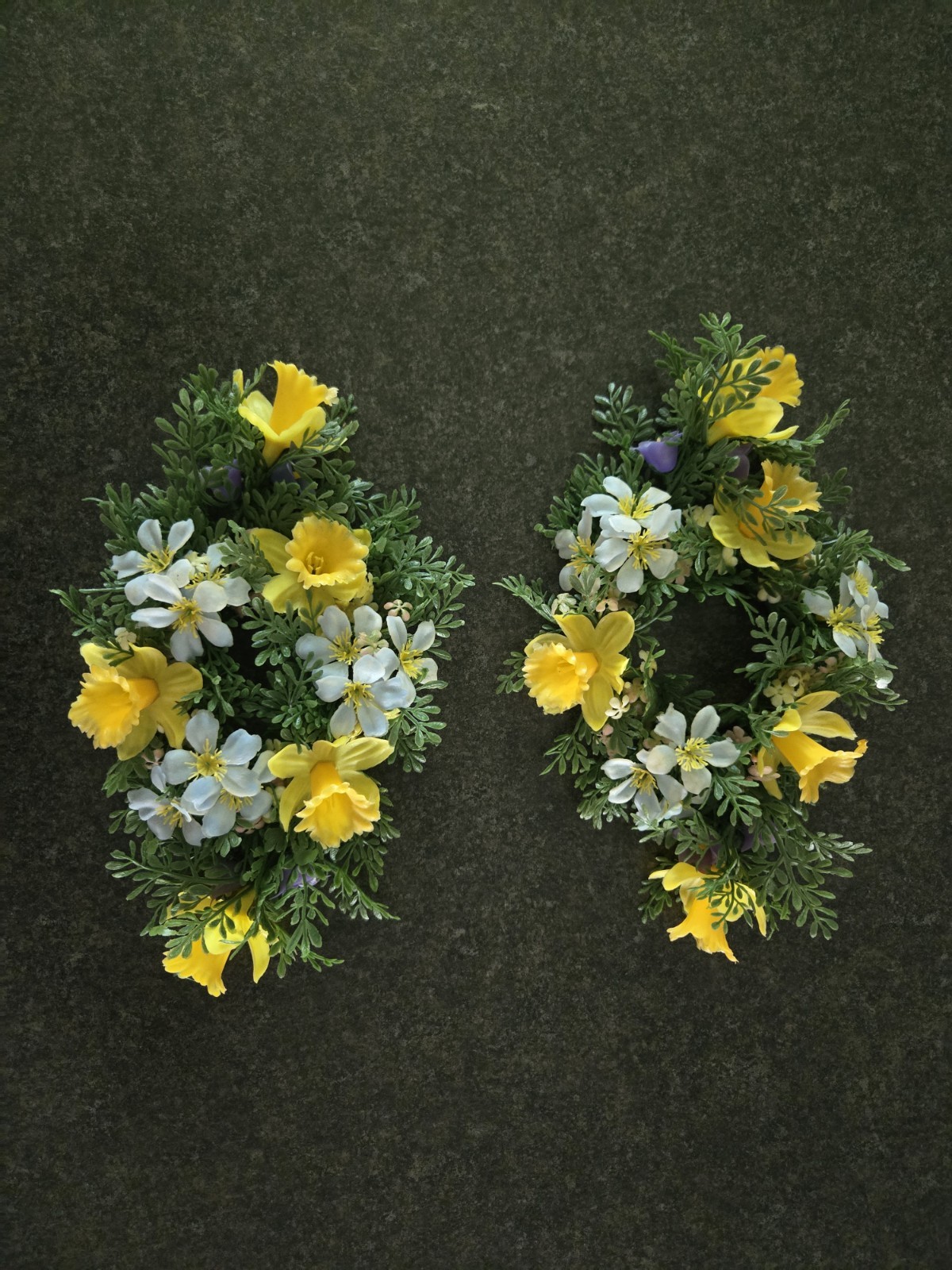 Vintage Pair Of Fake Artificial Flower Floral Candle Ring Blue Yellow Cream
