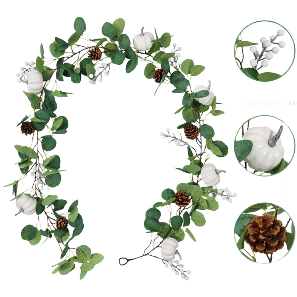 Artificial Pumpkin Vine Decor Winter Harvest Fall Wreath with Pinecones White