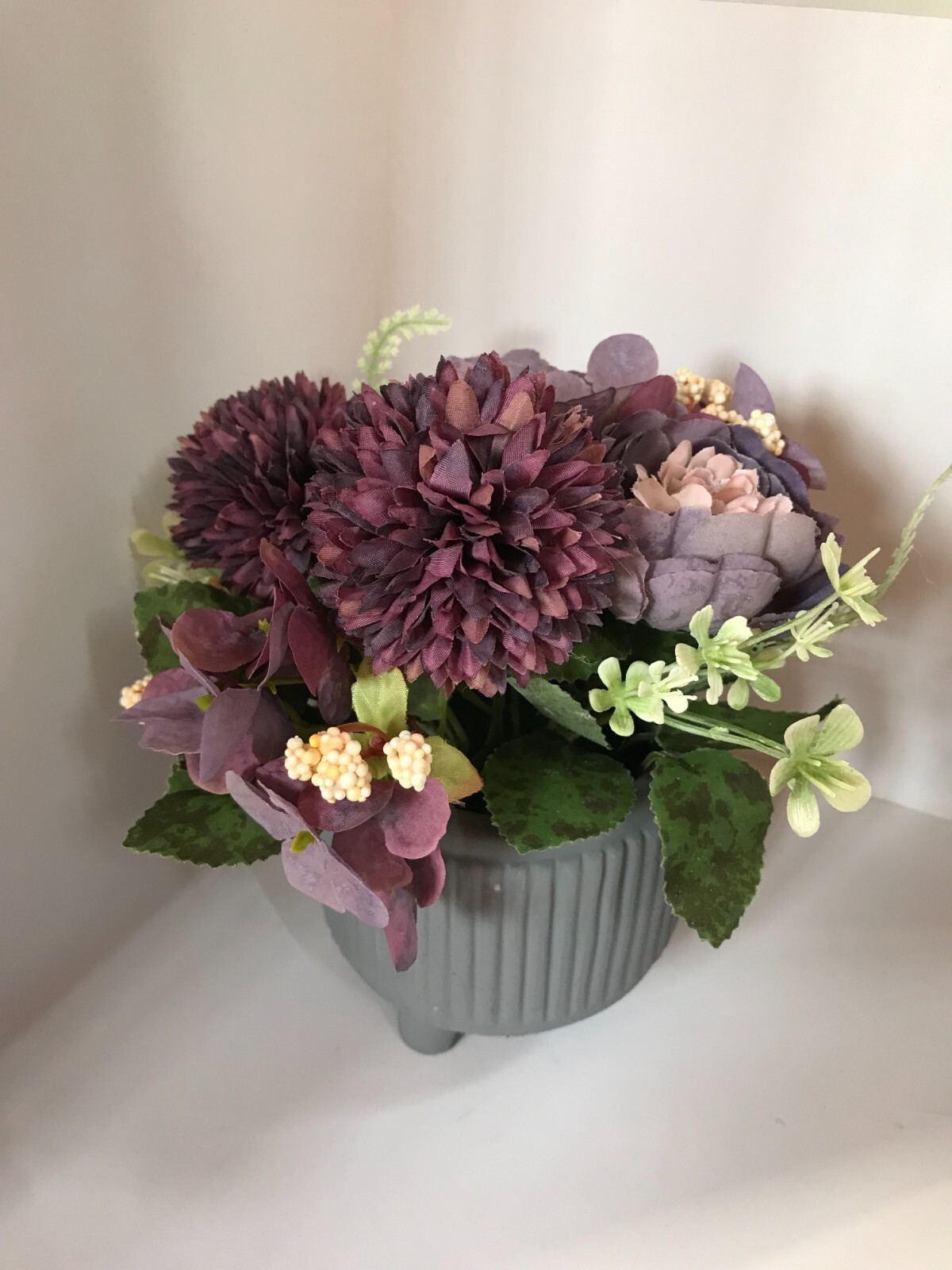 Artificial Silk Purple Hydrangea Peony Bouquet Flowers In Cement Grey Vase New