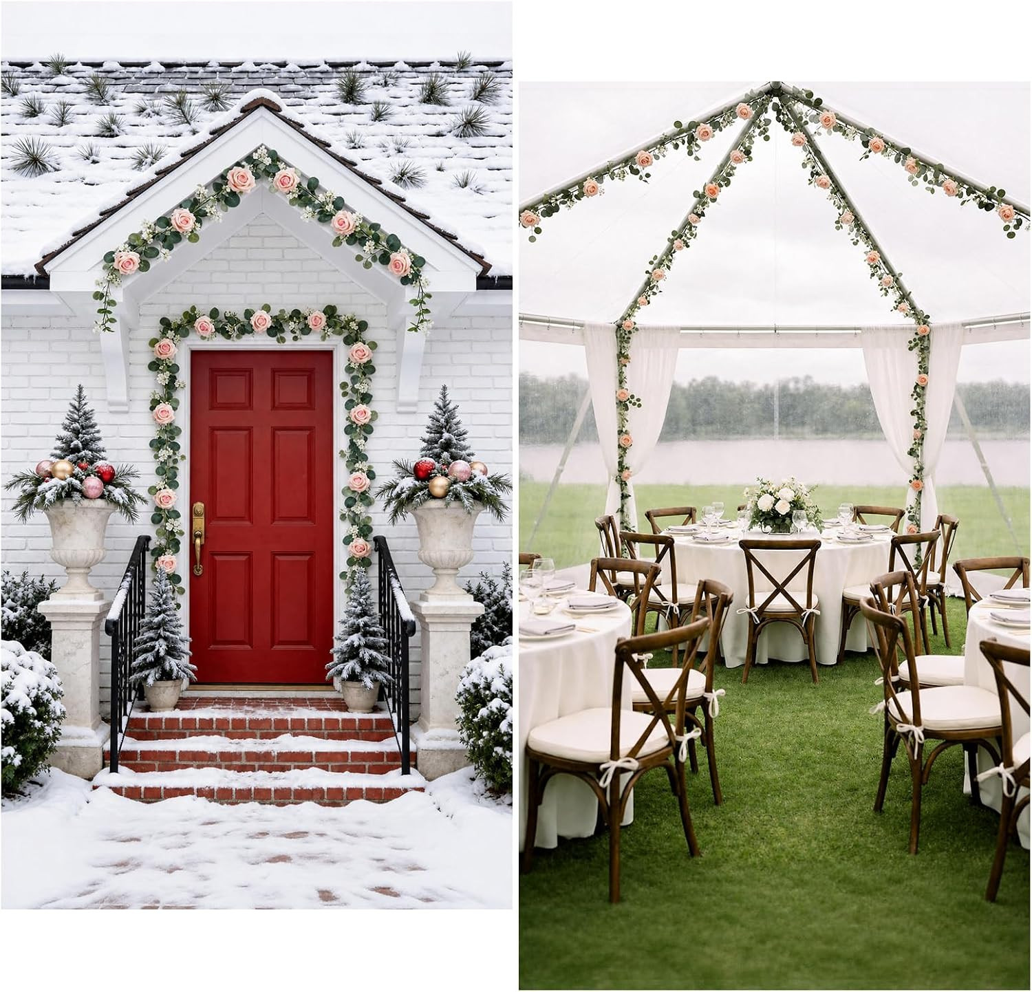 2 Pack 12FT Faux Roses Eucalyptus Garland with Silk Flowers for Table Fireplace
