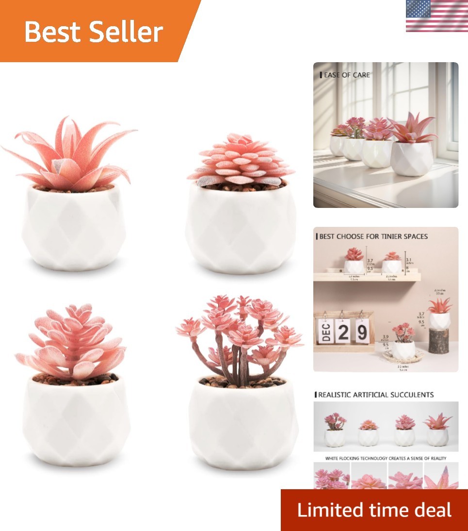 Set of 4 Rose Pink Mini Faux Succulents in White Ceramic Pots for Home Decor