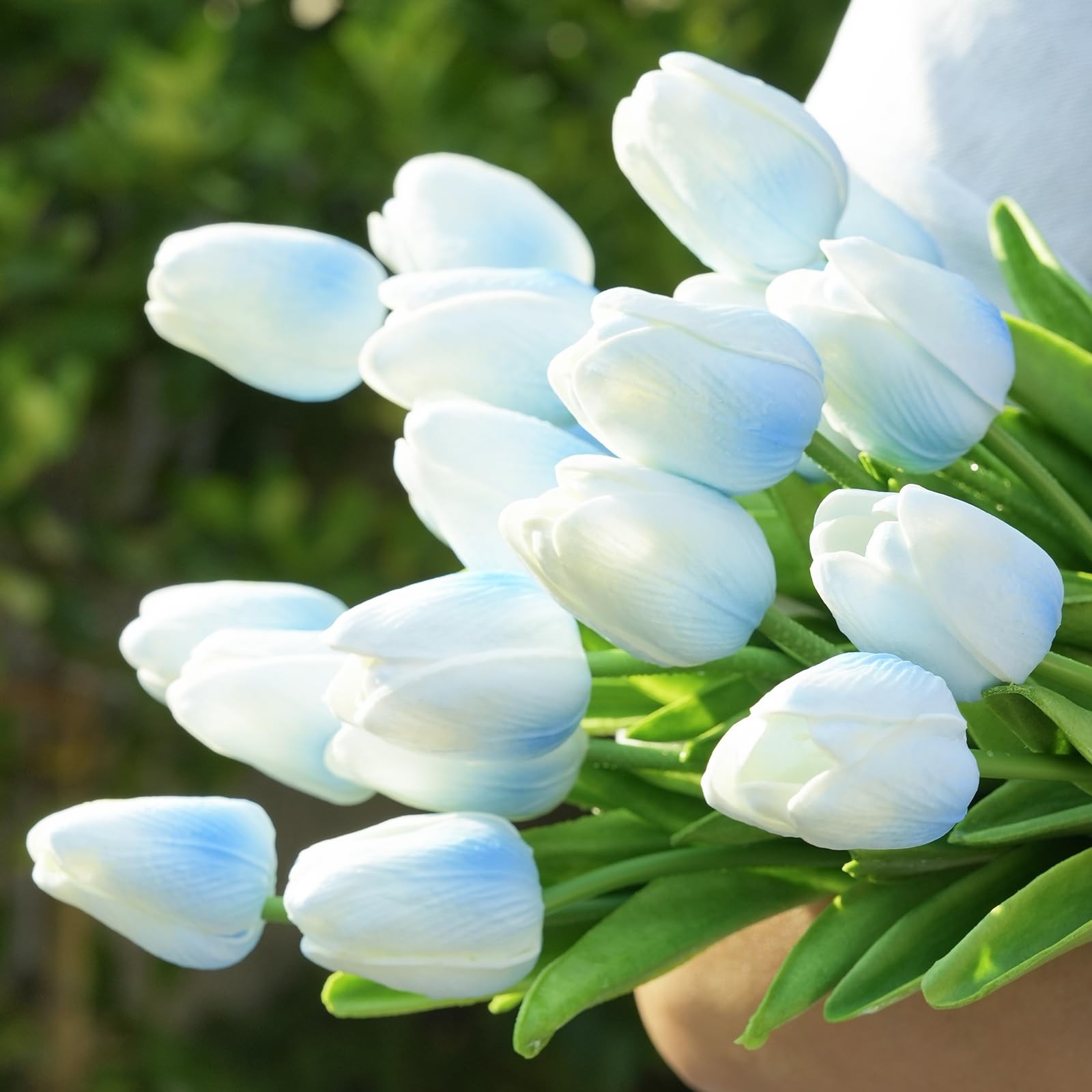 20 Pcs 13” Real Touch Light-Blue Tulips Artificial Flowers, Latex PU Fake Fau…