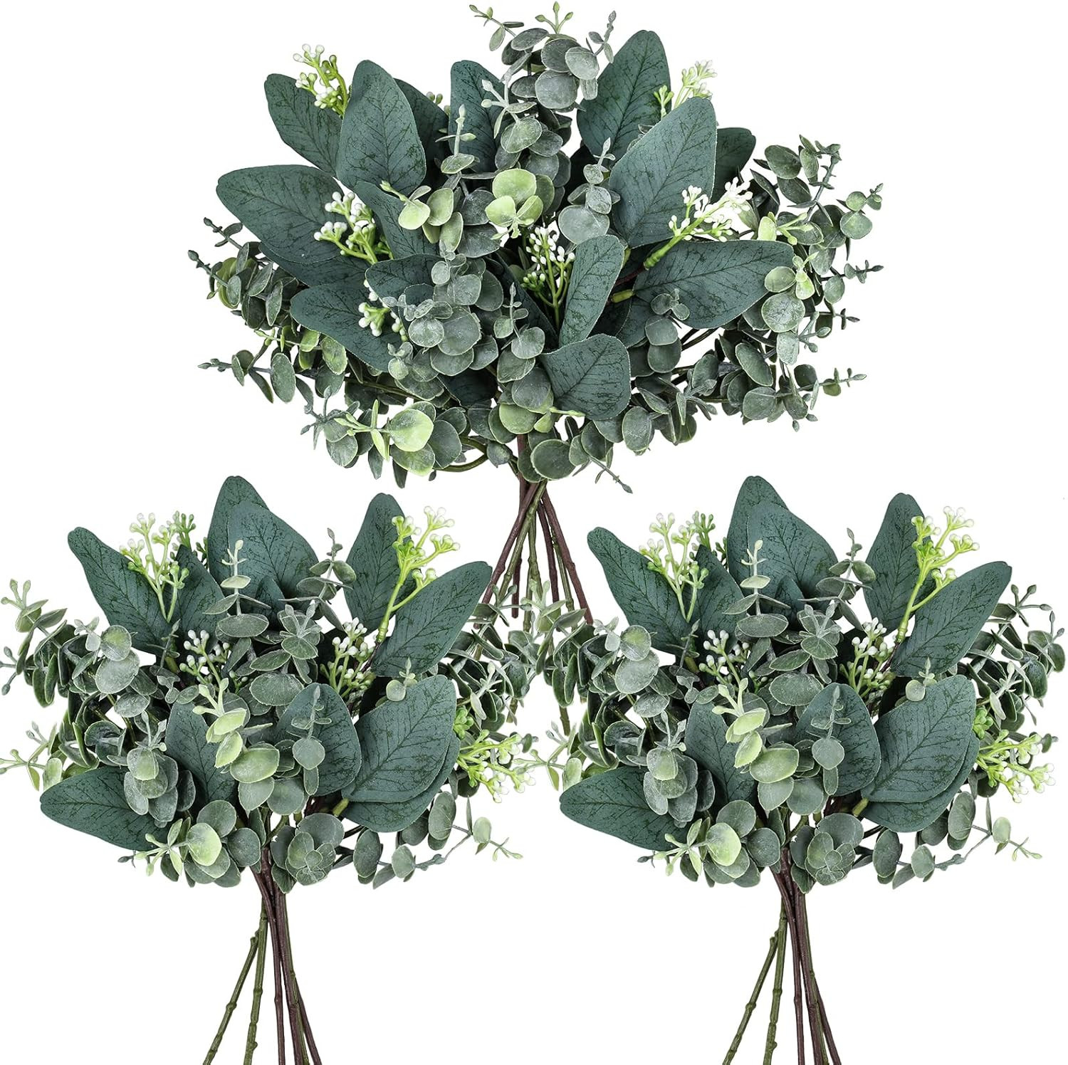 20 Pcs Mixed Artificial Oval Eucalyptus Leaves Bulk with White Seeds Stems and S