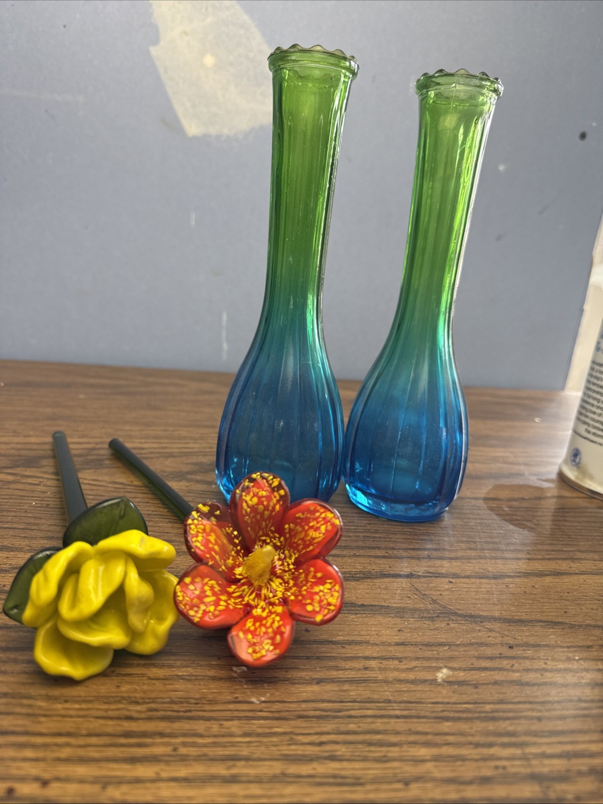 Vintage Art Glass Flower Stems & Blue Green Bud Vases Lot – Hand Blown Decor
