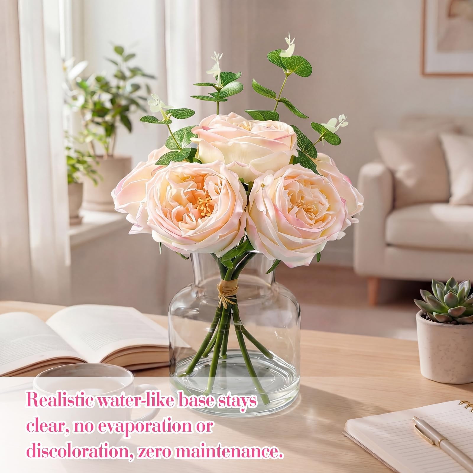 Real Touch Peonies Artificial Flowers Faux Austin Rose Vase Light Pink 6 PCS