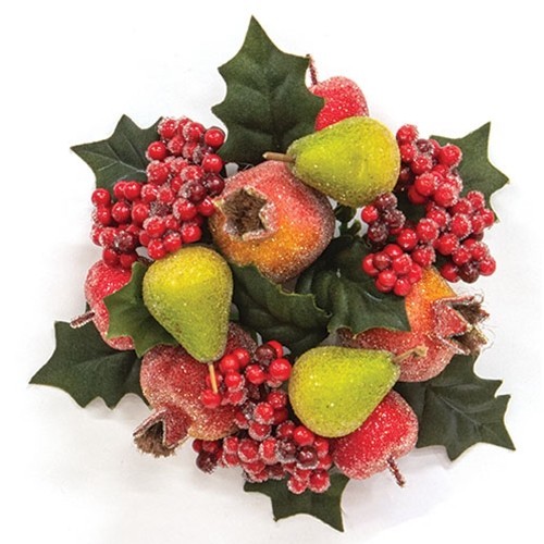 New Farmhouse Primitive Christmas SUGARED FRUIT TAPER CANDLE HOLDER Holly Ring