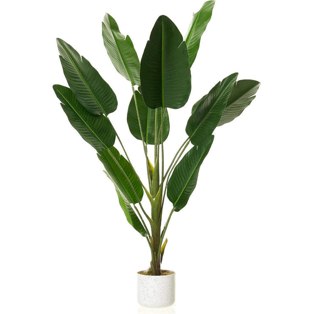4FT Artificial Palm Tree with Large Fan-Shaped Leaves in White Pot for Indoor