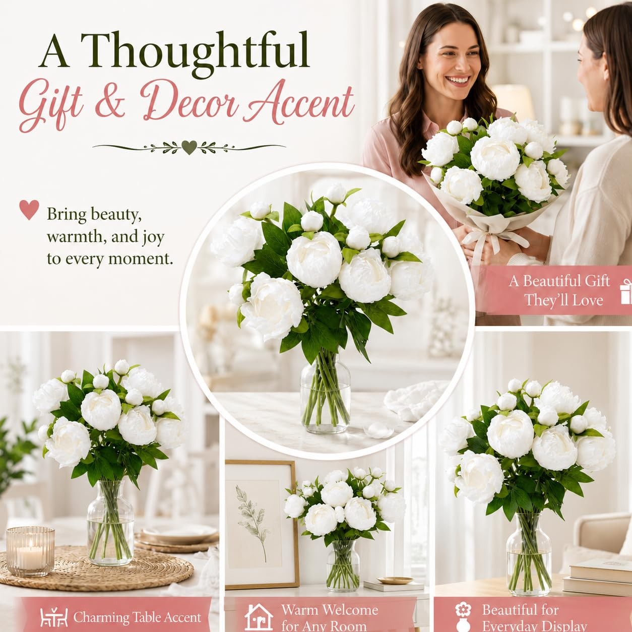 Cream White Peonies Artificial Flowers, 6 Pcs Silk Peony Bouquet