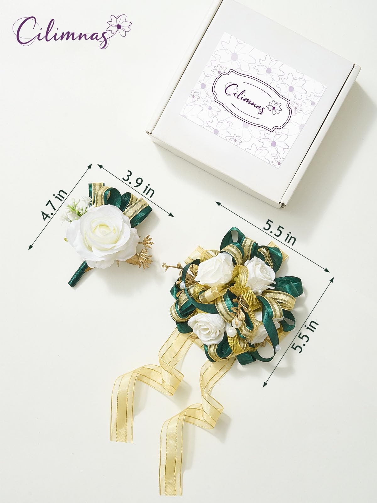 Prom Corsage Boutonniere Set Artificial Silk Ivory Rose Dark Green Ribbon