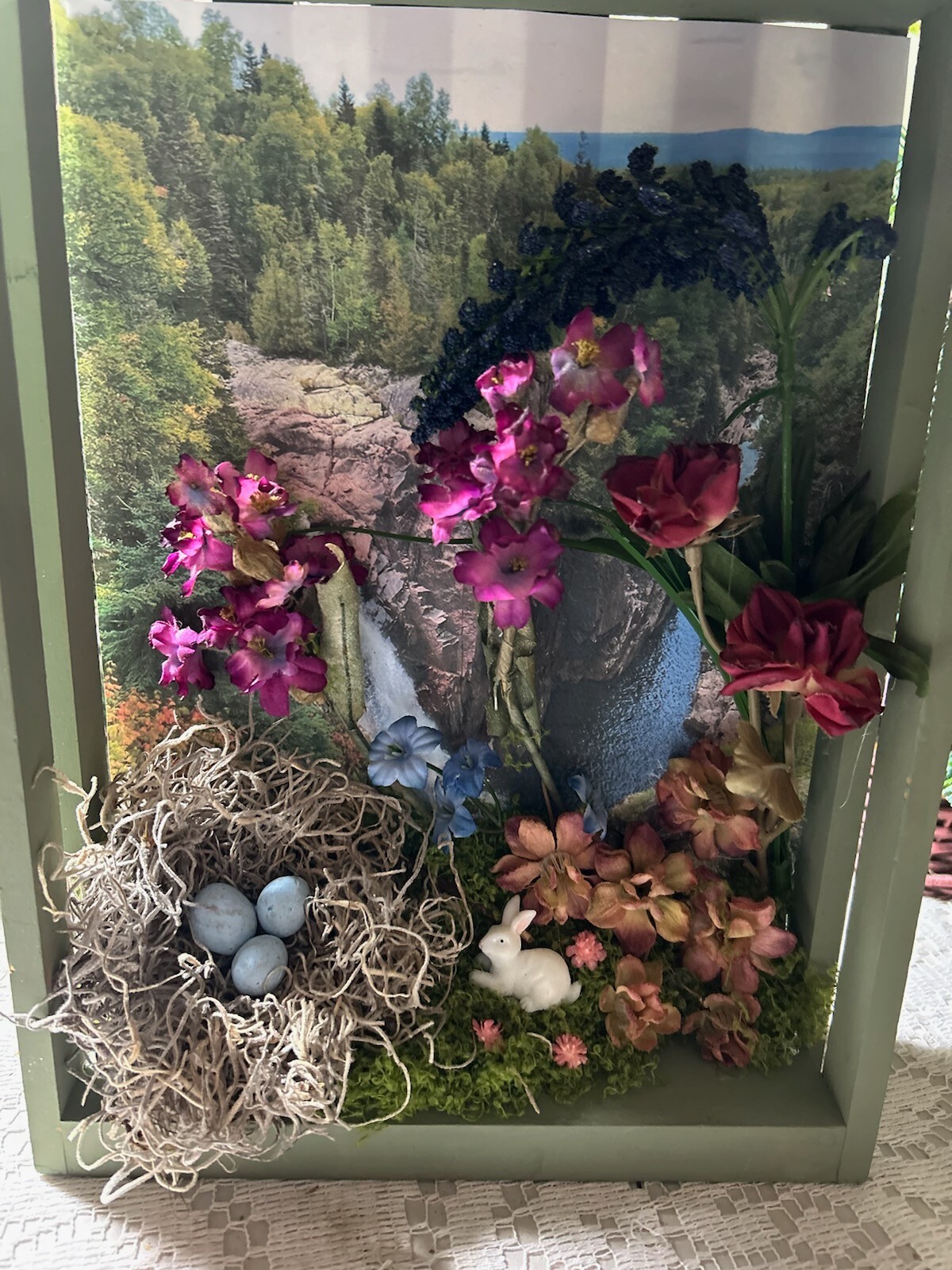 Handmade Nature Diorama Waterfall Birds Nest Dried Flowers