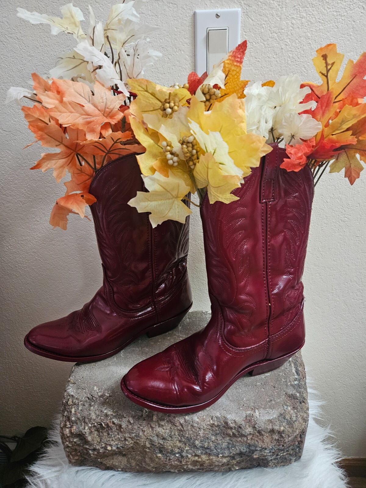 Unique Painted Red Cowboy Boot Decor W/Floral