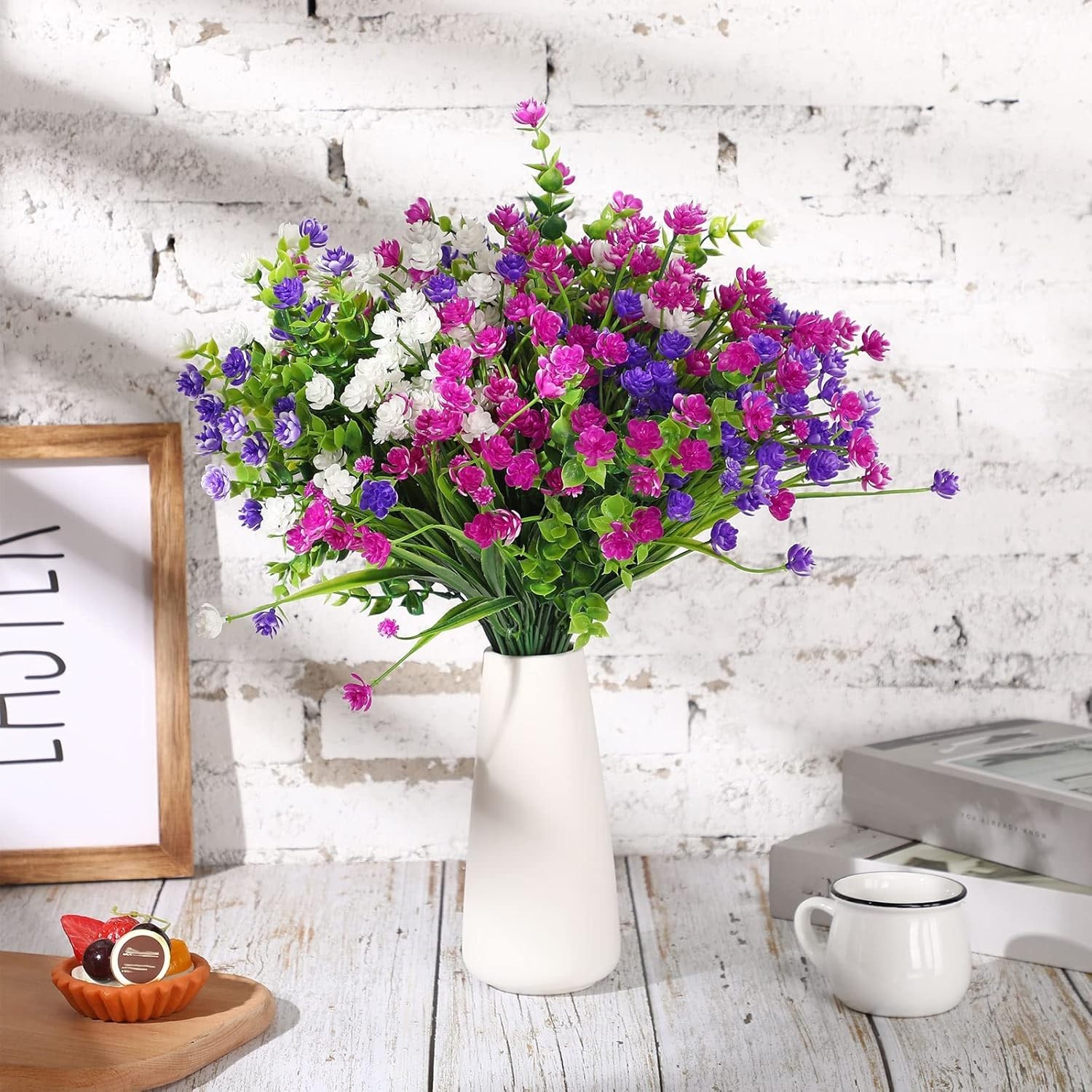 12 UV Resistant Artificial Flowers in Fuchsia, White & Purple for Home Decor