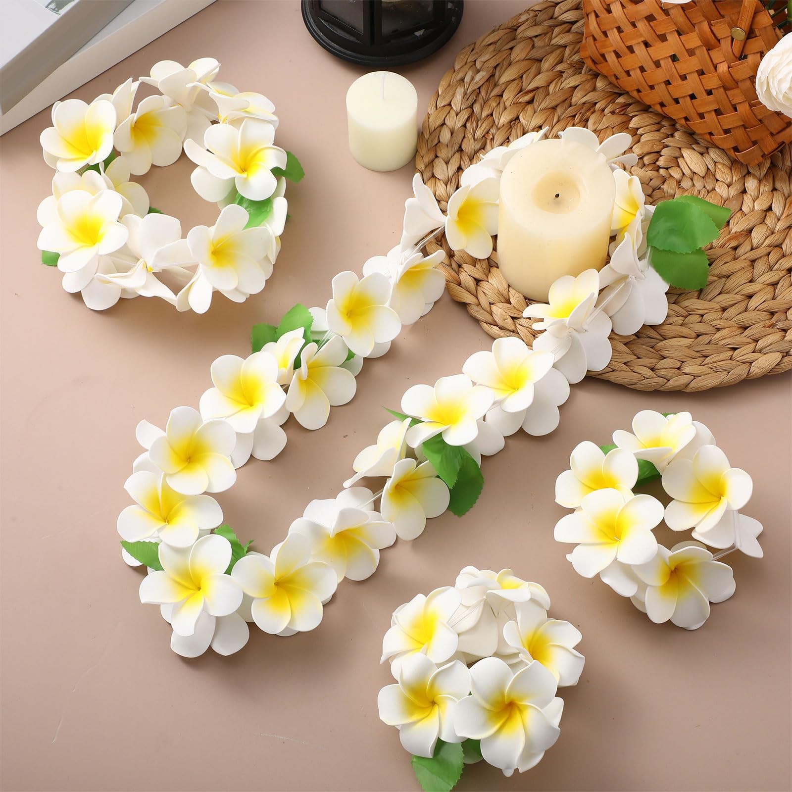 4 Pcs Hawaiian Graduation Lei Set, 3D Foam Plumeria Garland Necklace Bracelet…