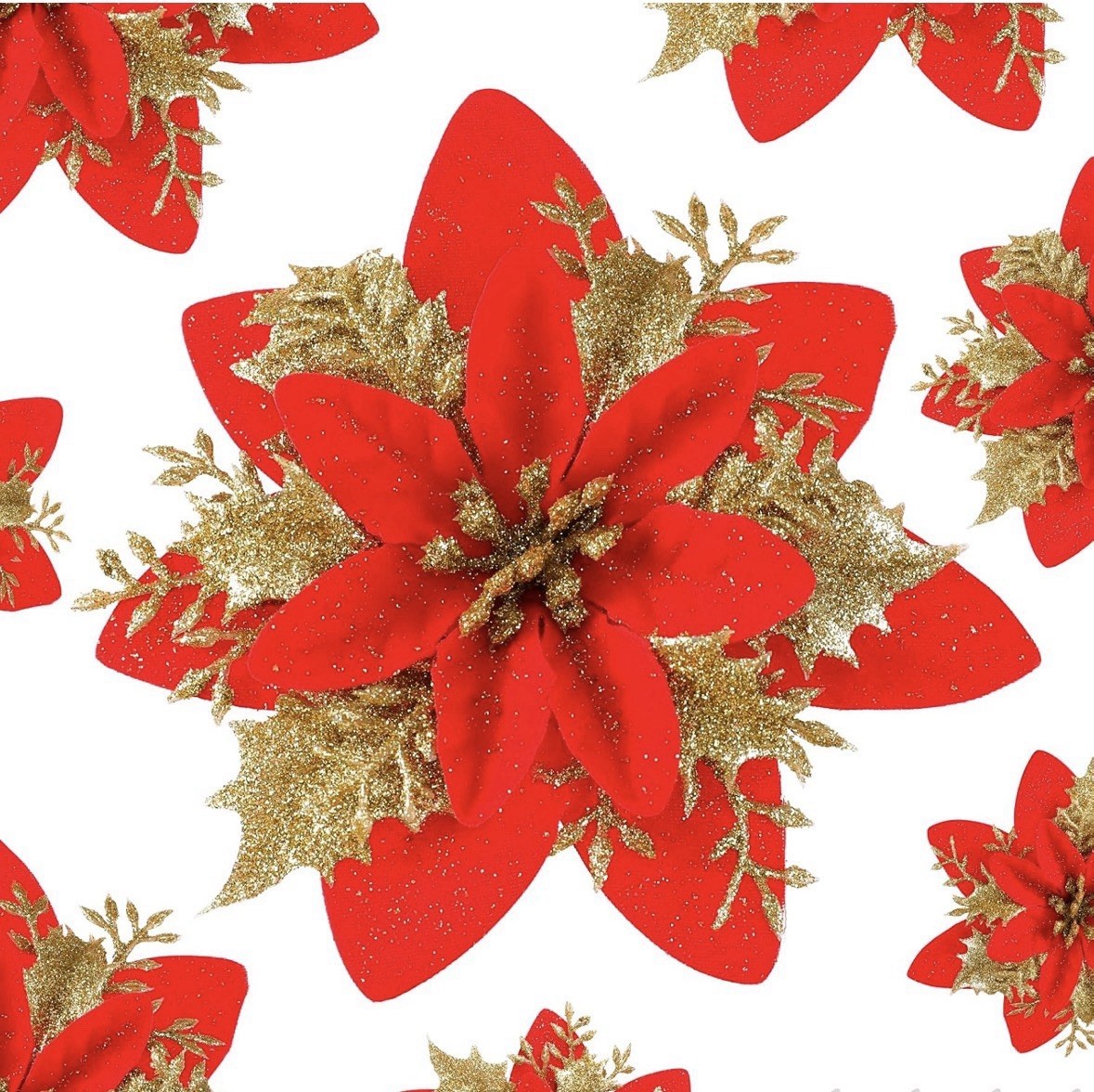 12pc Red/Gold Articial Glitter Poinsettia Flowers Clips & Stems Christmas 5.5in