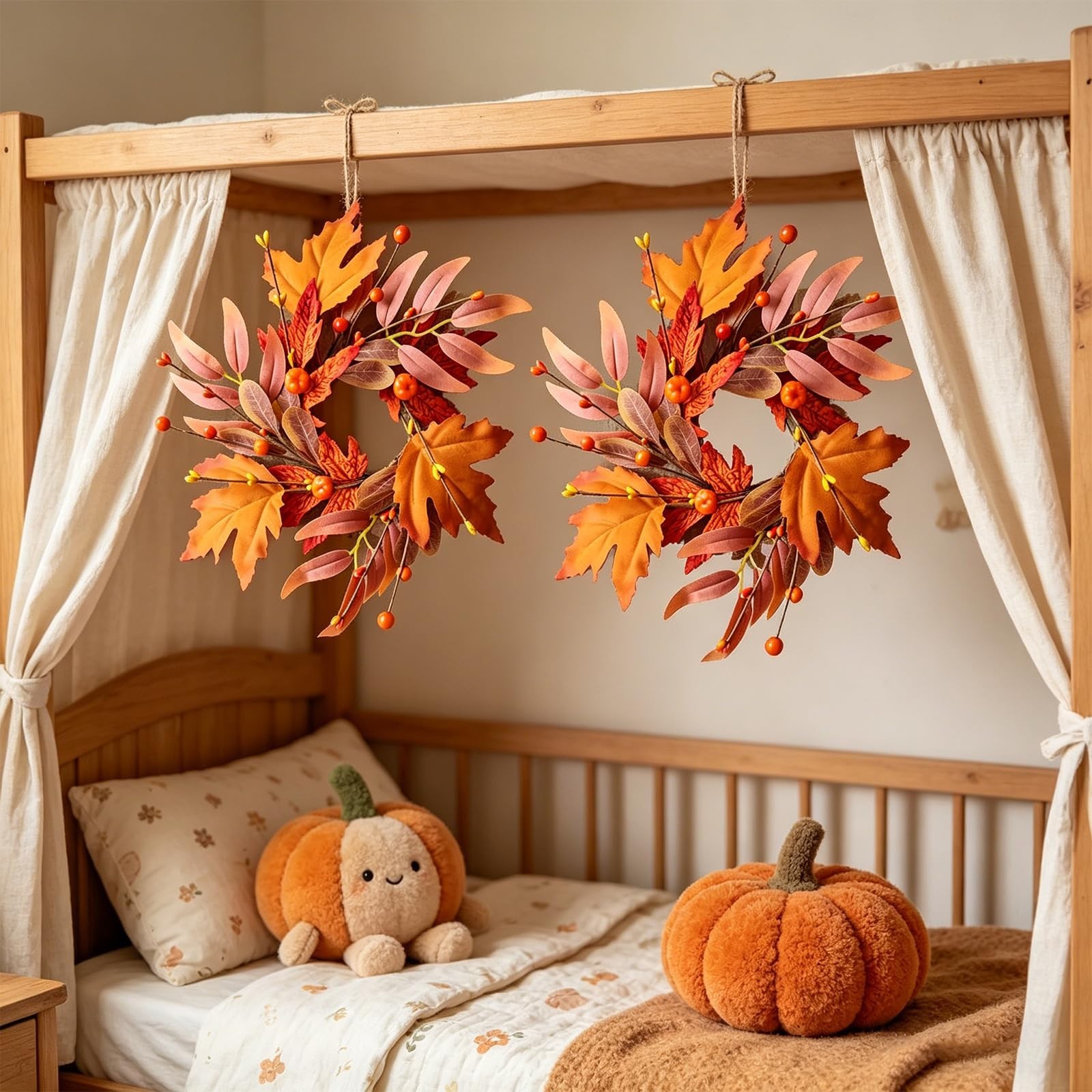 4 Pcs Mini Fall Wreaths – 9″ Maple Leaf Candle Rings, Autumn Centerpieces for Ho