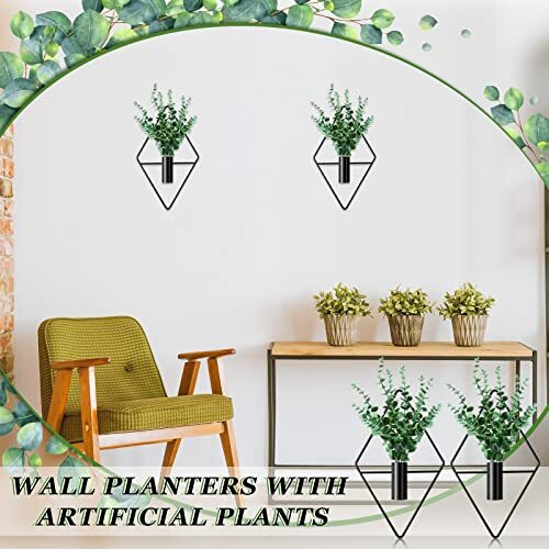 2 Pcs Hanging Planters with Artificial Plants Metal Hanging Vase Indoor