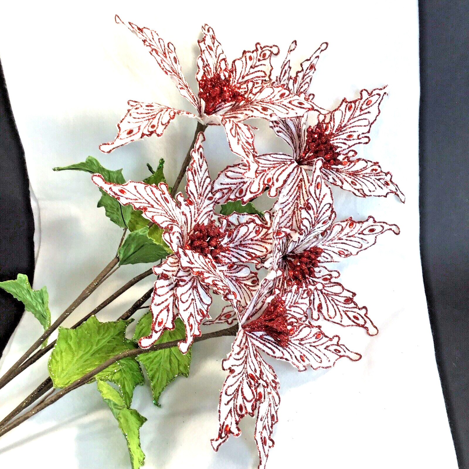 Set of 5 Sparkling Red Rhinestone and Glitter Artificial Poinsettia Floral Stems