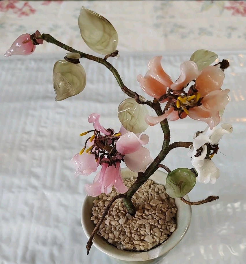 2 Vintage Glass Bonsai Tree Pink Cherry Blossom Artificial Plant Oriental