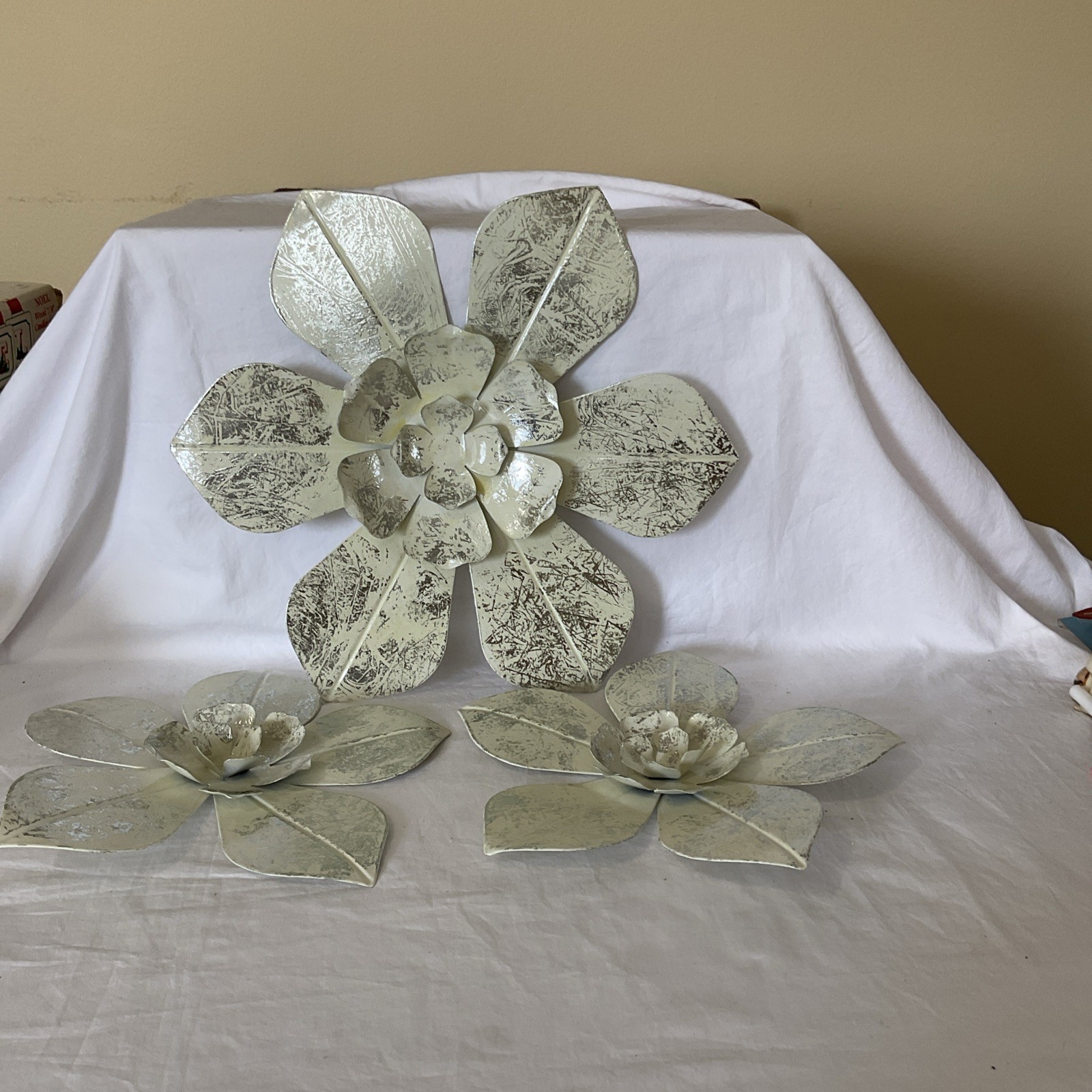 3 Layered Flower Petal Wall Decor In Silver & Off White 13” & 10” Dia Metal