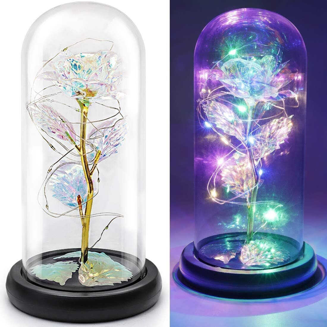 Preserved Eternal Rose In Glass Galaxy Flower Dome LED Light Mothers Day Gifts
