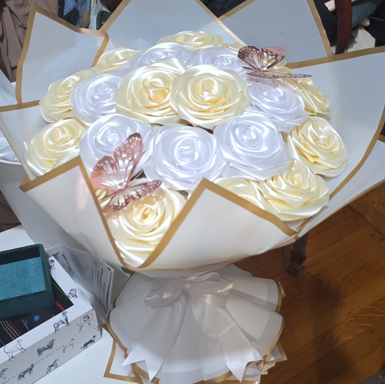 Artificial Rose Bouquet Arrangement White/Ivory/Gold w/ Butterflies 18in