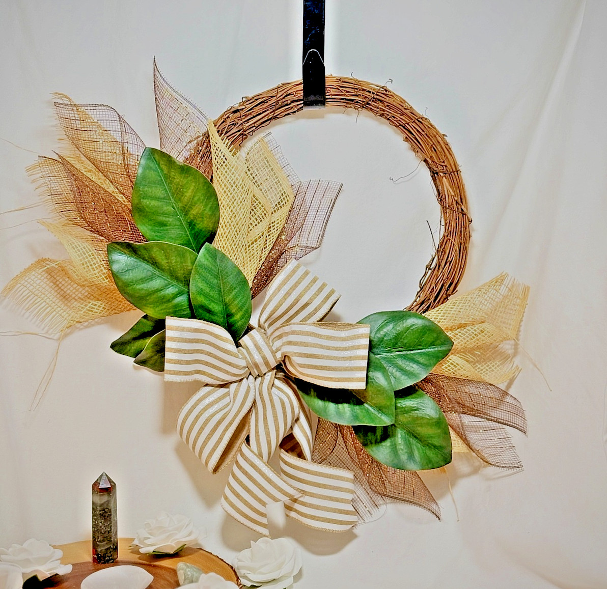 Rustic Grapevine Wreath – Farmhouse Home Decor – Modern Burlap Bow Door Hanger