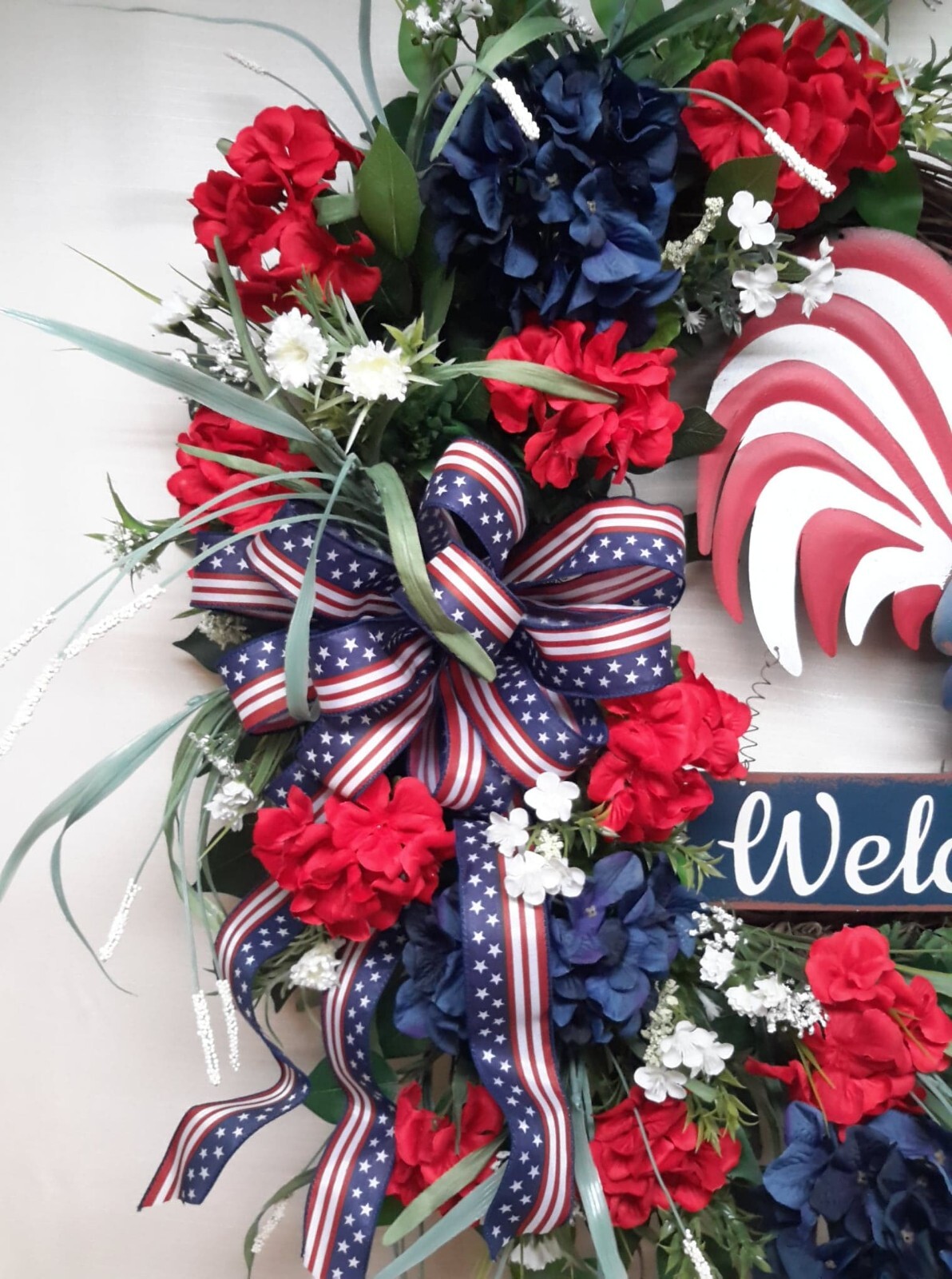 Patriotic Door Wreath Rooster Flower Door Decor USA Memorial Day Fourth of July