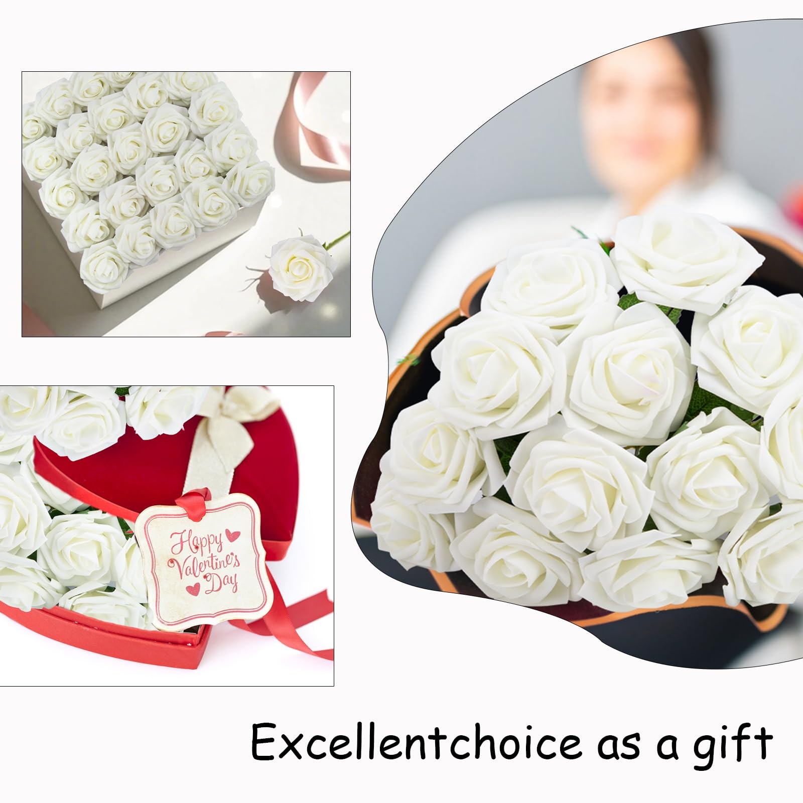 100pcs Artificial Flowers White Roses for Decorations, Real Looking Fake Foam…