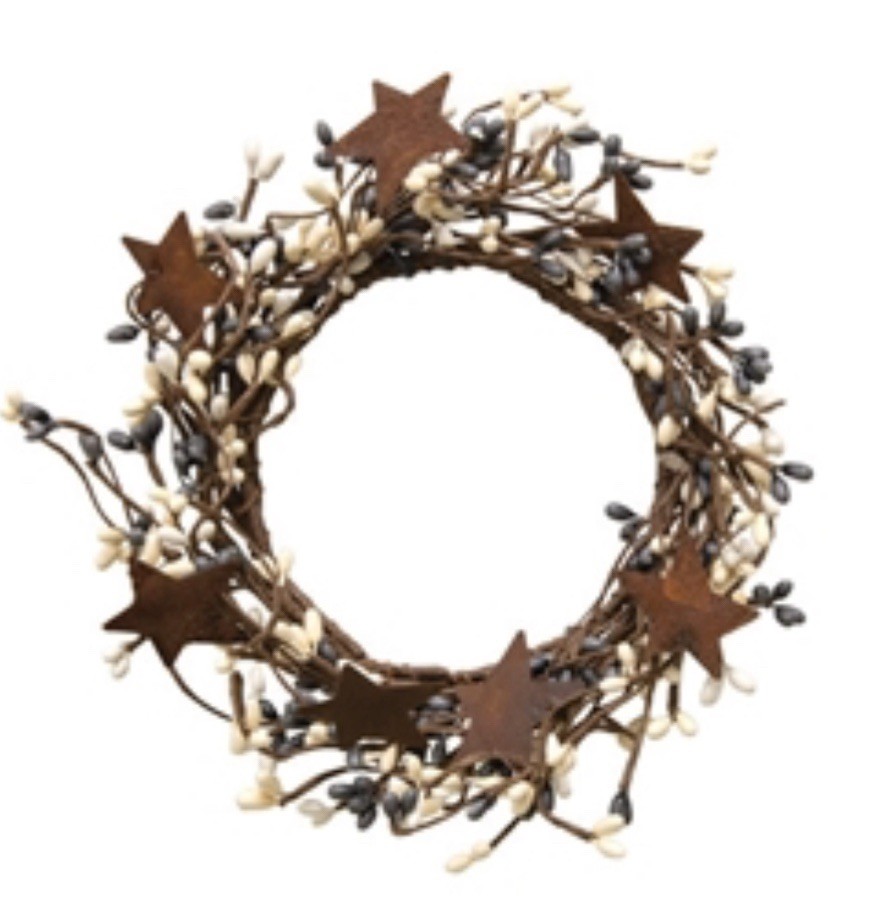 Farmhouse Pip Berry Candle Ring /Wreath w/Rusty Stars – Gray Cream White