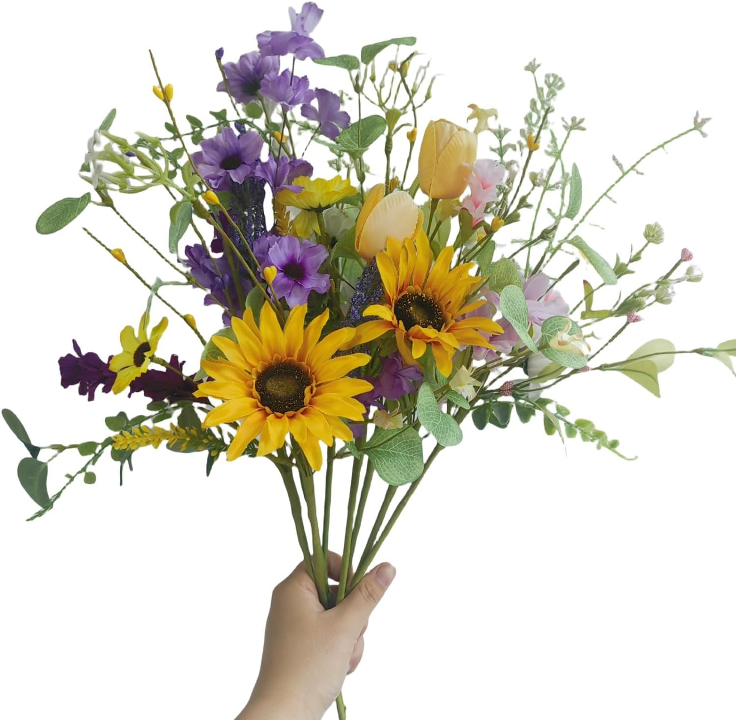 Artificial Wildflower Bouquet – 8 Bundles of Silk Daisy & Sunflower Stems