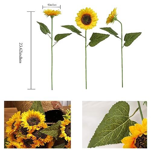 Laelfe Artificial Sunflower Flowers Long Stem Silk Fake Large 23.62” Yellow