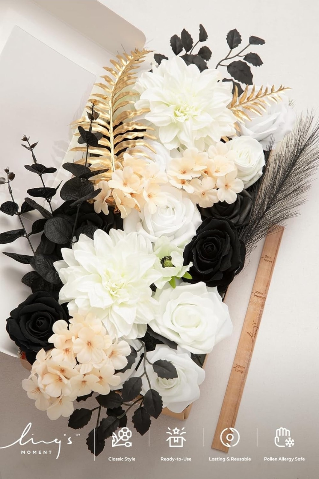 Ling’s Moment Fake Flowers Box, Stems Roses Hydrangea Eucalyptus, Black & Gold