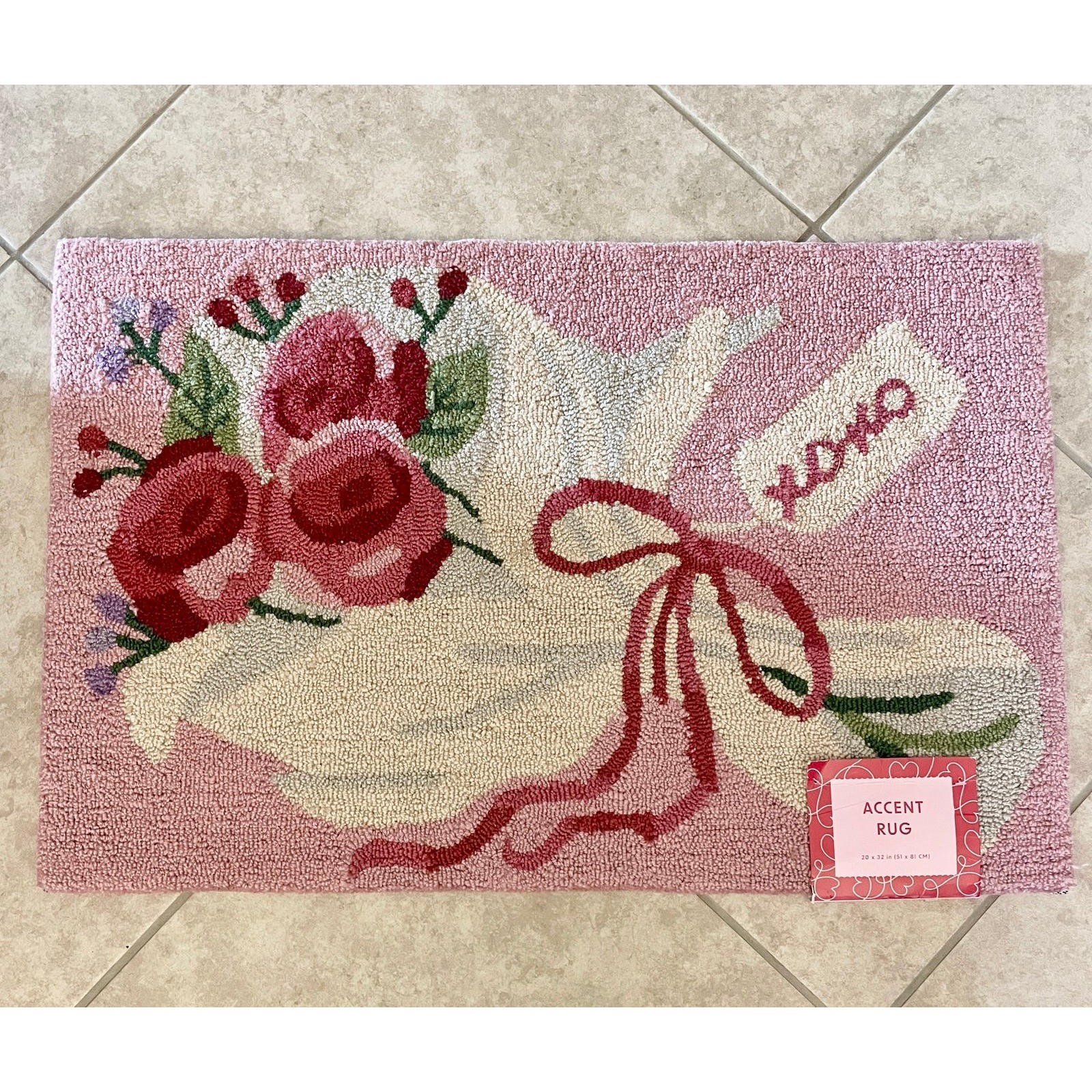 Pink Red Romantic Floral Bow Bouquet Hooked Accent XOXO Throw Rug New
