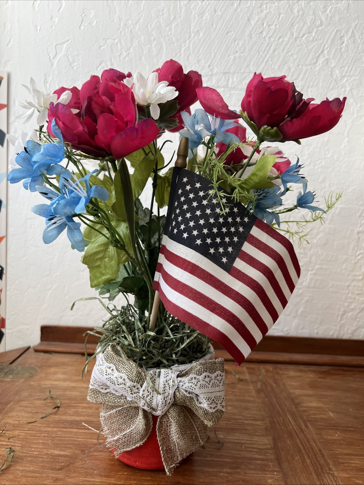 Artificial 13”x10” Flower Bouquet Table Arrangement Patriotic Red White Blue