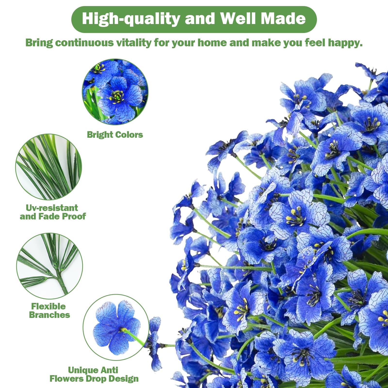 Artificial Flowers Outdoor Blue – 24 Bundles, 5 Branches 18 Heads, 11-14.6″
