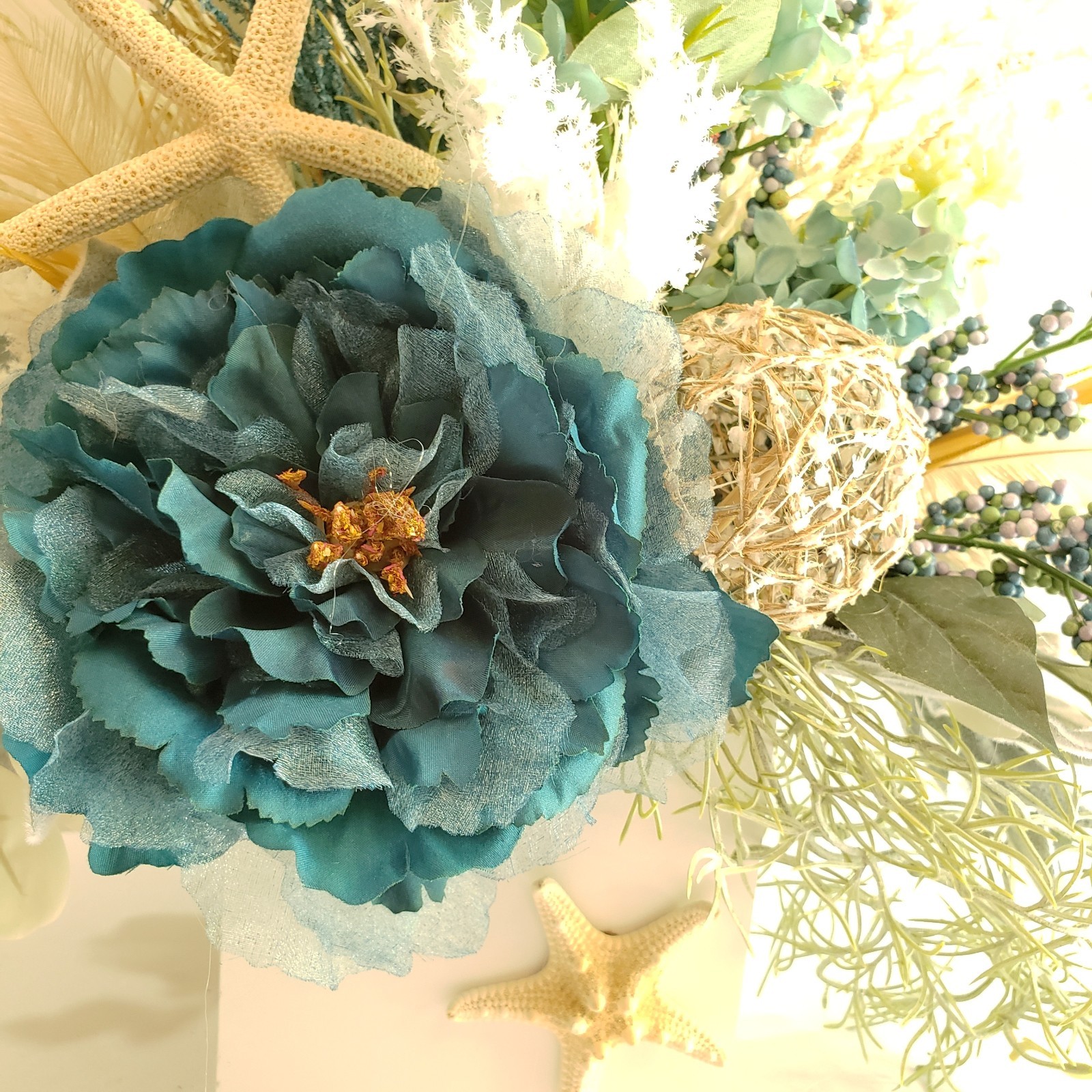 Coastal Blue Floral Arrangement, Beach House Decor with Starfish