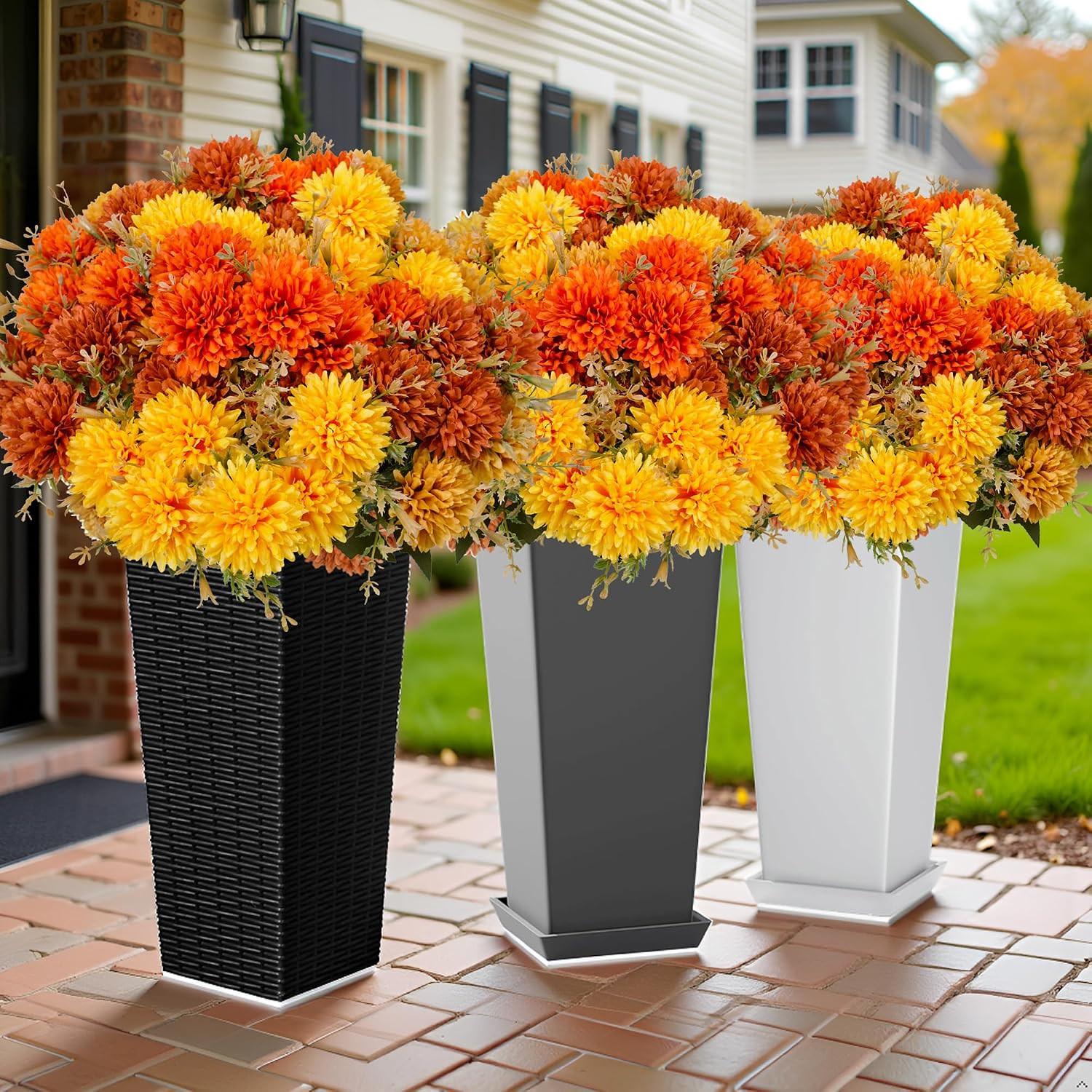 12Pcs UV Resistant Fall Marigold & Dahlia Mums – Burnt Orange Home Decor