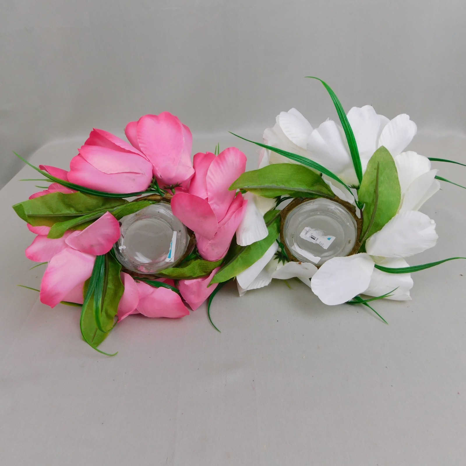 2pc Lilies & Tulips Floral Spring/Easter Centerpieces Glass Votive Vase #C471