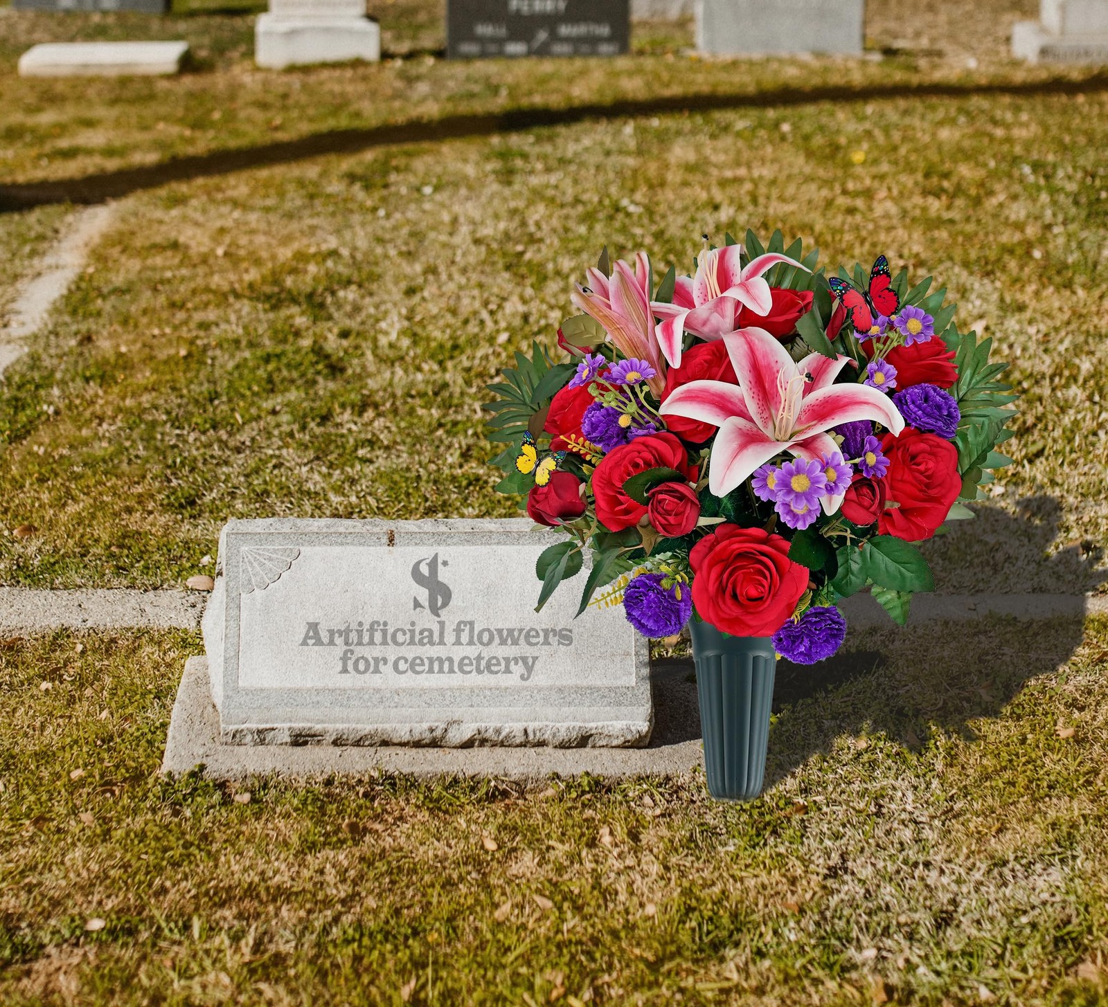 Artificial Cemetery Flower Bouquet, Grave Flower for Headstone Outdoor Decora…