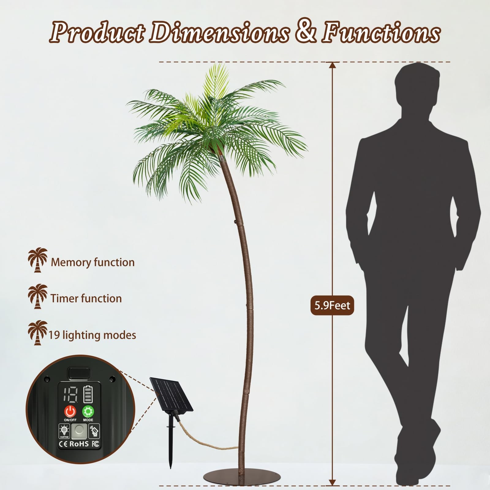 Solar-Powered Artificial Palm Tree 5.9FT with 200 LEDs, Artificial Tree Recha…