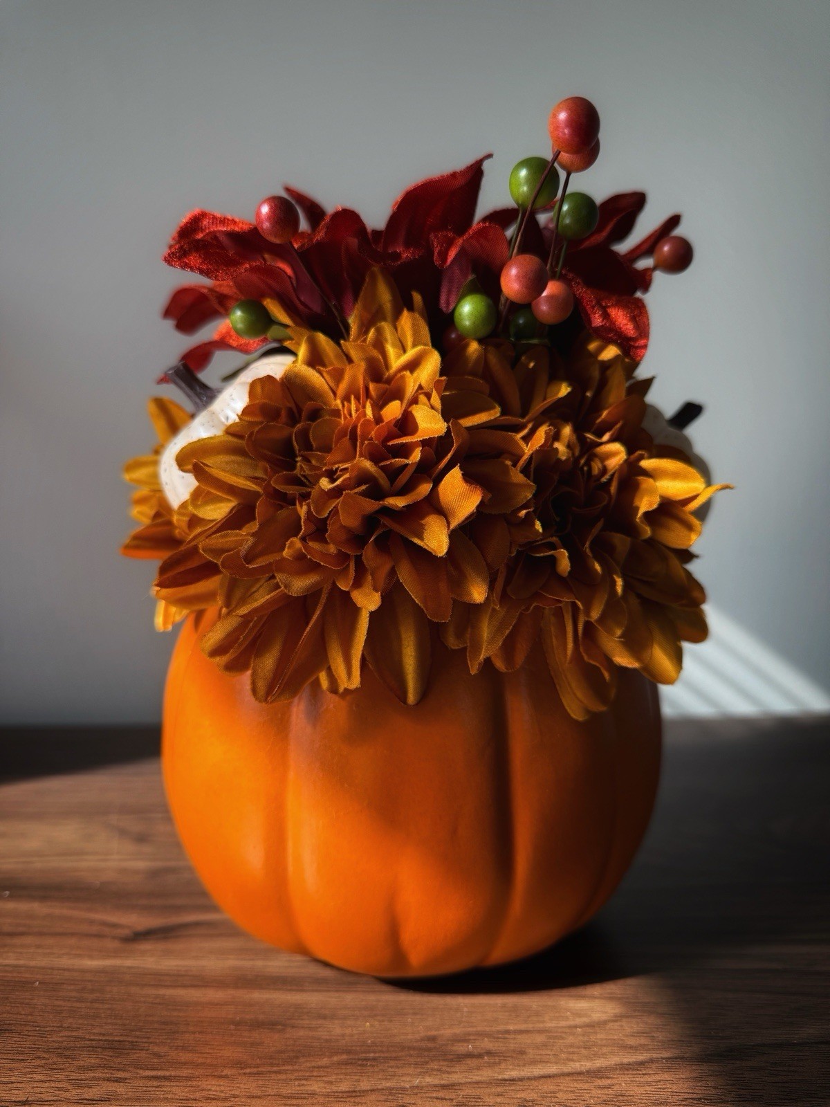 Handmade Fall Colors Centerpiece In A Warm, Festive Pumpkin With Silk Flowers