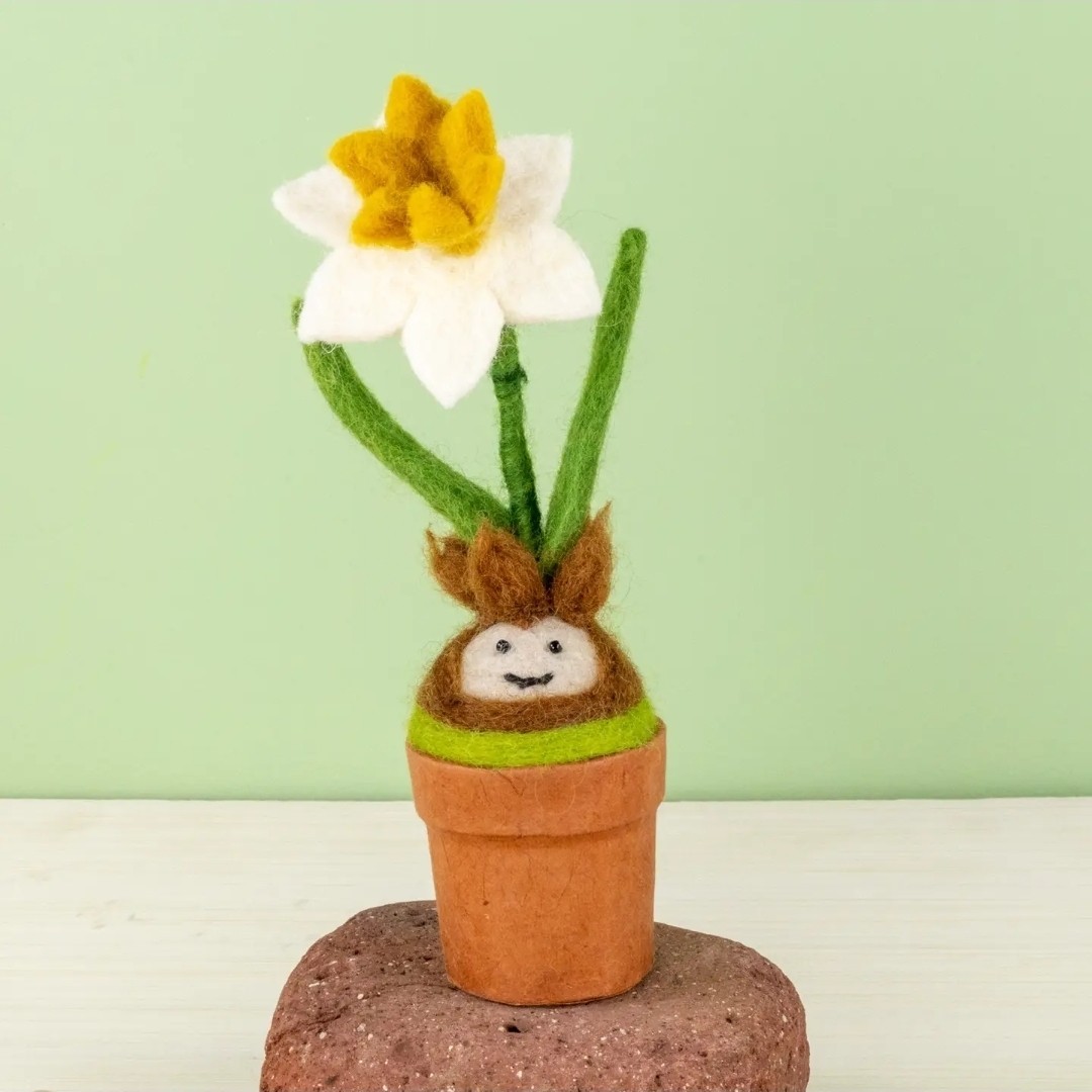 Needle Felted Wool Daffodil Blossom Potted Plant in Small Pot Decor DZI Handmade