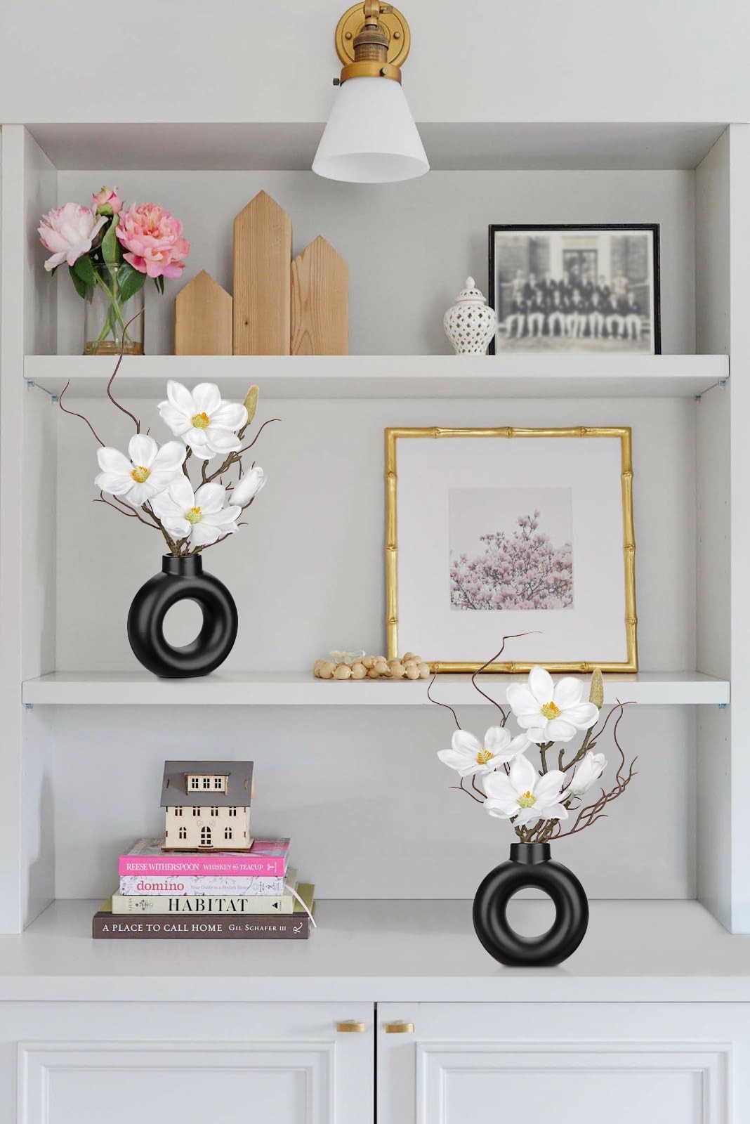 2 PCS White Magnolia Artificial Flowers In Black Vase Faux Floral Centerpiece