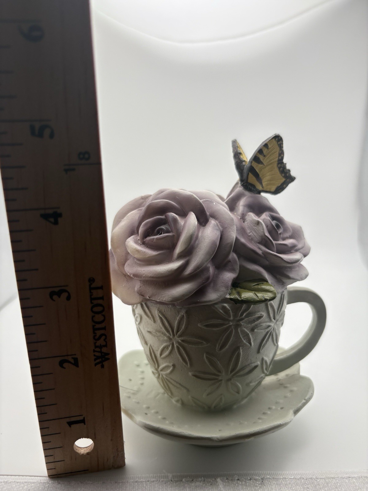 Ganz Flower Teacup Figurine – Yellow Butterfly Purple Flower Decor Spring Summer