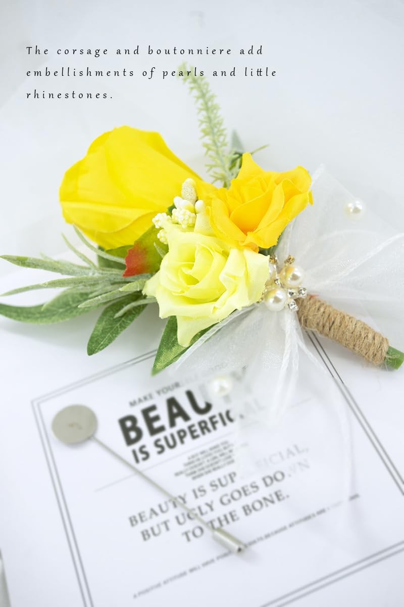 Yellow Corsage Boutonniere Set Wedding Prom Artificial Rose Men Suit Decor