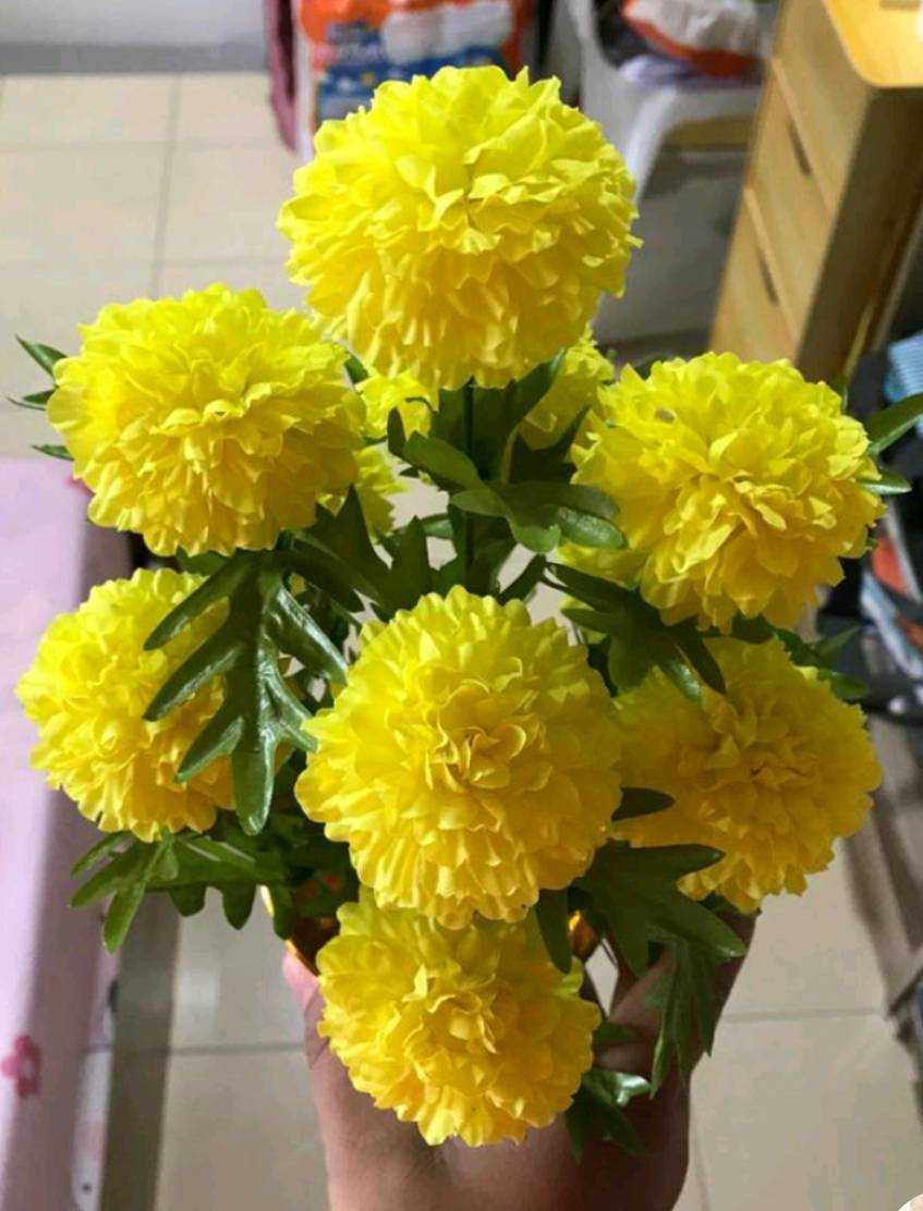 Pair Marigolds Flower Artifical Arrangement Gold Tray Decor Home Yellow Floral